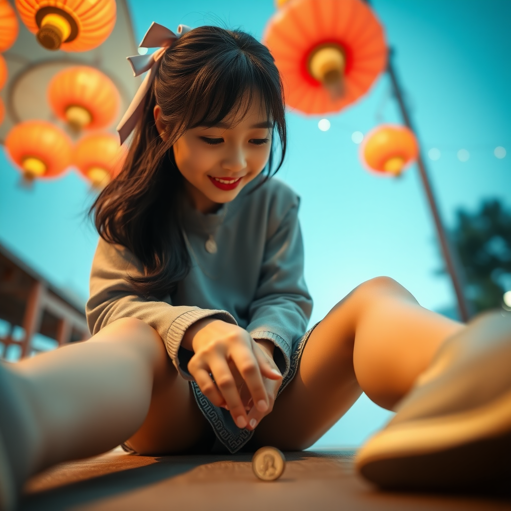 photo low angle full body shot beautiful xiaomeimei looking down. She is sitting legs stretched out. there is a coin on the ground she is reaching for. her expression is delighted surprise