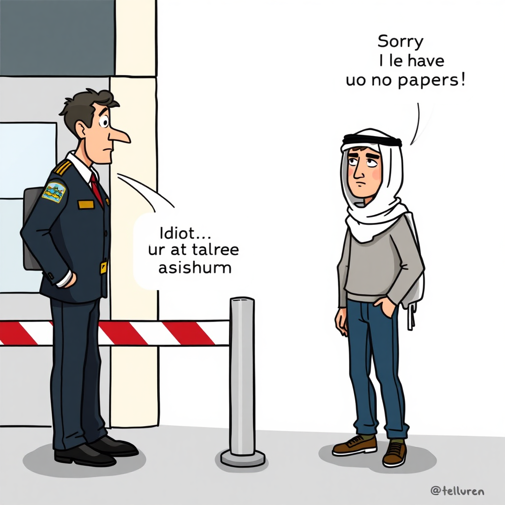 Create a cartoon picture of a German customs officer standing at a lowered barrier. He says in German in a bubble: "Idiot... You just have to say asylum". On the other side of the barrier stands an Arab-looking young man. He says in English in a bubble: "Sorry I have no Papers".