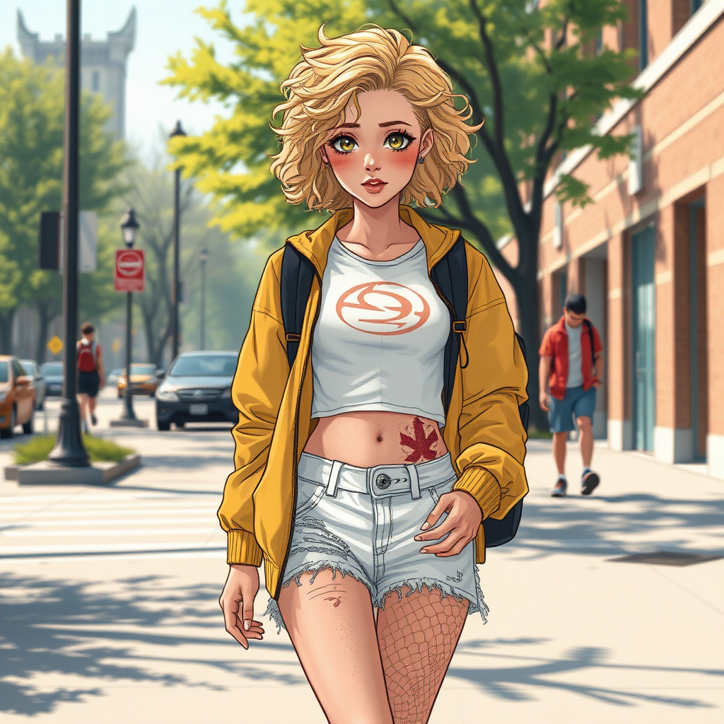 Realistic drawing style image, Extremely good quality 8k resolution drawn manga image of a 15 year old petite and short tomboy girl with golden blonde curly hair with mixed and different colored eyes for each eye and moles on her entire body and is a white American girl, Has on a Gold Jacket over a white extremely short crop top only covering her breasts and nothing more with a design on it, and has on ripped shorts and cool looking sneakers and a deep and big knife cut wound on her stomach from a huge injury she had, with a bright color backpack, ear piercings on, walking on the street to school in the morning with the beautiful sunlight lighting up her body beautifully with no tattoos.