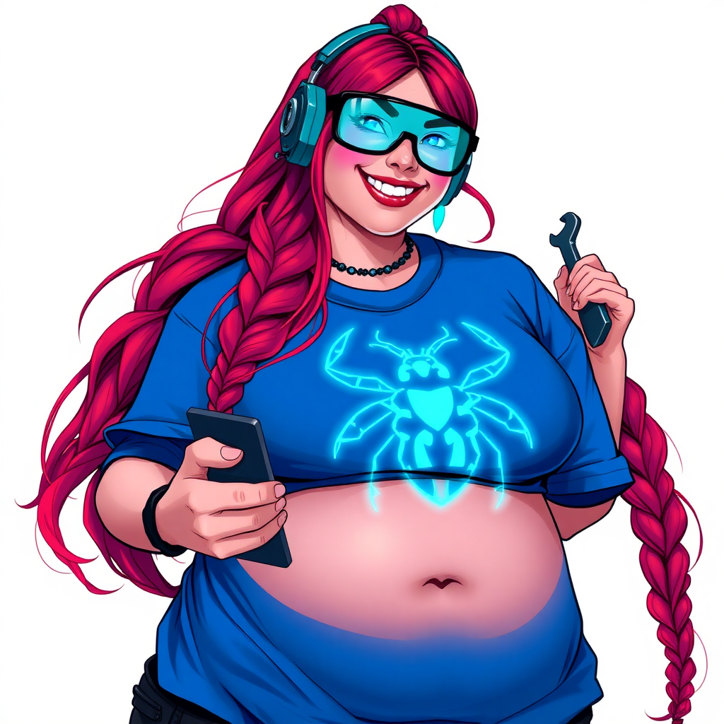 A cyberpunk vigilante’s full-figured intelligent and tech-savvy 29-year-old girlfriend, who is a computer hacker and tech genius. She has a long ruby red ponytail and bright blue eyes. She wears a sapphire beetle gemstone necklace, and an oversized maximum blue t-shirt featuring a giant neon blue glowing icon of a beetle on its chest. She has a full-figured physique with a prominent, gargantuan, round midsection, reflecting her well-cared-for lifestyle. The midsection is heavily emphasized. She sports a sapphire headset with hi-tech maximum turquoise lensed HUD visor, black eyeglasses, and a beaming smile with a passionate bright red blush. Despite her figure and a lack of self-esteem, she radiates an air of beauty. She has an angular face which contributes to her radiant beauty. She serves as his tech expert from his hideout, holding a holographic tablet and a hi-tech tool wrench. The background is solid white. She is drawn as if she was in a retro 2D cyberpunk fighting game. Make sure her shirt covers her round midsection.