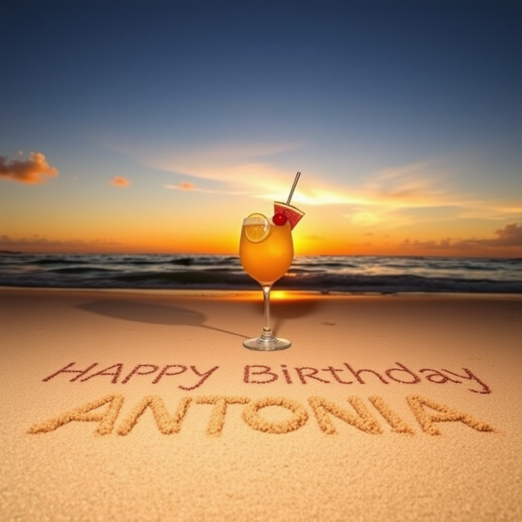 Beach with sunset, Cocktail in Sand spelling the words "Happy Birthday Antonia"