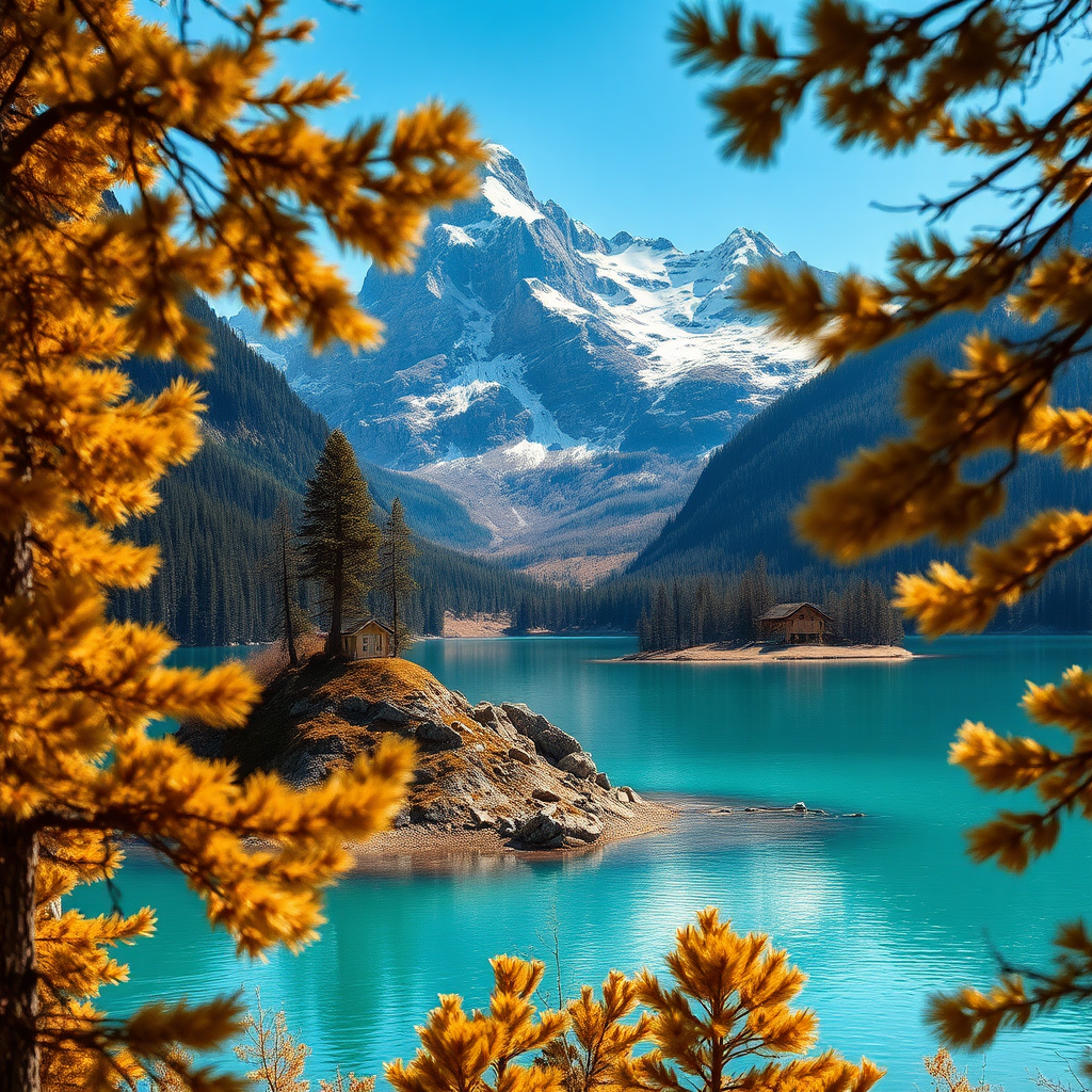 A serene mountain landscape featuring a tranquil lake with crystal-clear turquoise waters. The scene is framed by golden-brown coniferous trees, whose leaves shimmer softly in the dappled sunlight. Nestled in the foreground, a rocky island rises from the lake, covered with earthy tones, contrasting against the water's vibrant hue. In the background, majestic mountains loom, their peaks dusted with snow and their slopes adorned with dense, dark green forests. A quaint wooden structure is visible along the shoreline, hinting at human presence against the wild backdrop. The overall aesthetic is hyperrealistic, capturing intricate details of nature, with a palette of soft blues, earthy browns, and hints of golden sunlight piercing through the trees.