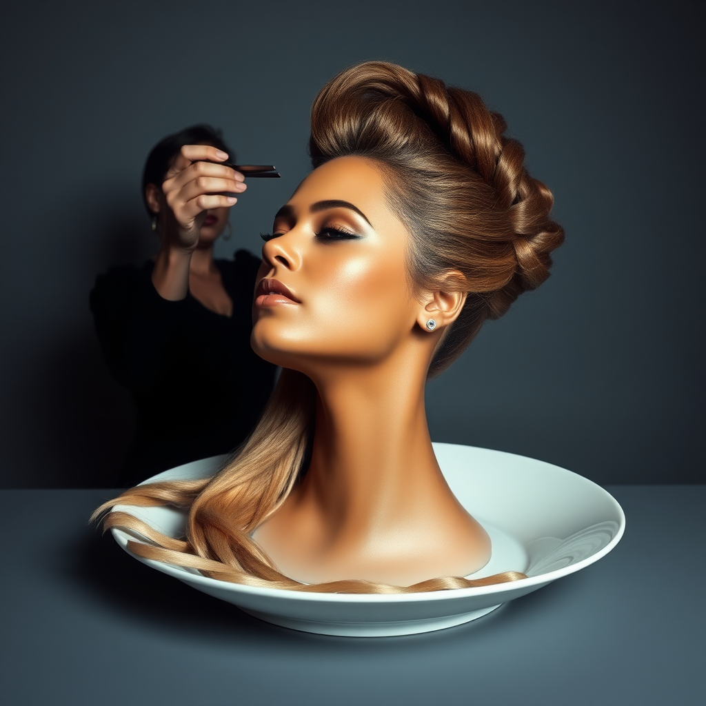 In a surreal and provocative scene, a beautifully tethered, disembodied head of Beyoncé rests gracefully on an elegant porcelain plate, her long, luxurious hair cascading like a waterfall of silky strands around the edges, creating a striking contrast against the stark, muted gray background. The sheen of her skin glows softly, exuding an air of ethereal beauty, while her chin rests delicately on the plate, poised and serene. Behind her, a skilled hairdresser, clad in chic black attire, stands with a focused expression, gently teasing and arranging her magnificent hair with nimble fingers, creating intricate patterns that defy gravity. The atmosphere is oddly intimate yet surreal, blending an appreciation of beauty with an unsettling twist, as soft light casts subtle shadows, enhancing the textures of both hair and porcelain. The air is filled with a quiet stillness, broken only by the subtle sound of the hairdresser’s scissors snipping rhythmically and the faint fragrance of hair products mingling with the cool air, heightening the unusual but captivating atmosphere of the scene.