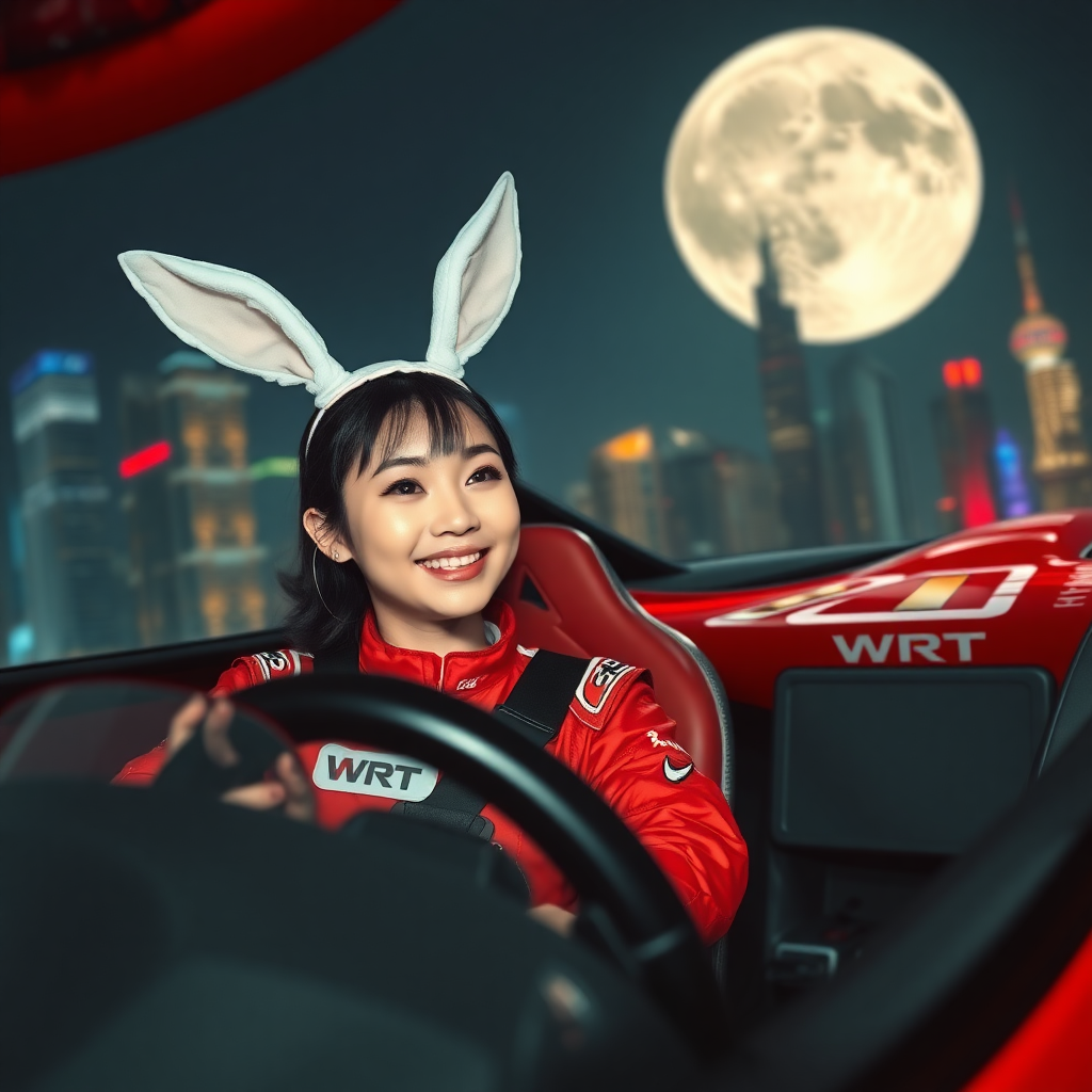 A Chinese female race car driver with rabbit ears on her head is smiling while driving a red race car, which has only "WRT" written on it. Her red racing suit also only has "WRT" written on it, and the background features the night view of Shanghai with a gigantic moon.