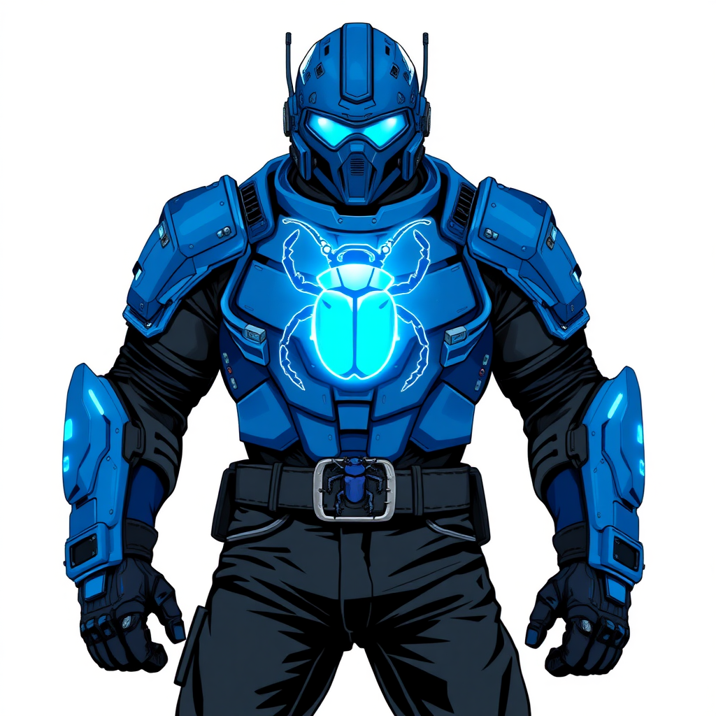 A 28-year-old cyberpunk vigilante stands heroically, clad in a high-tech, maximum blue armor featuring a neon blue glowing beetle on the chest. They wear black biker pants, a black belt with a sapphire beetle buckle, and a maximum blue full helmet with neon blue glowing lenses. Their hands are protected by black metal gloves, all set against a solid white background. He is drawn as if he was in a retro 2D cyberpunk fighting game.