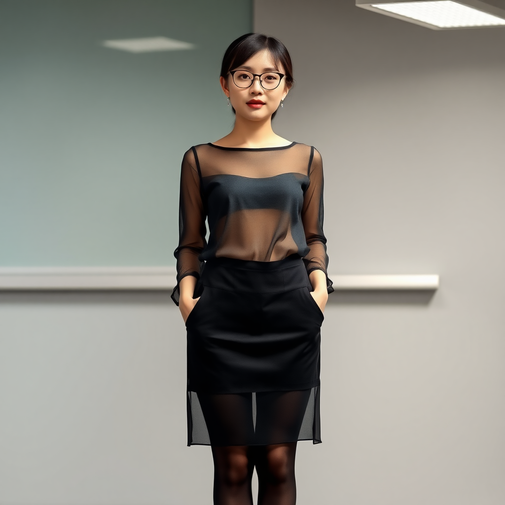 Help me produce a photo of a beautiful Chinese female teacher standing upright, with an elegant figure, full and attractive, wearing glasses, a sheer outfit, and black stockings. She is around twenty to thirty years old.