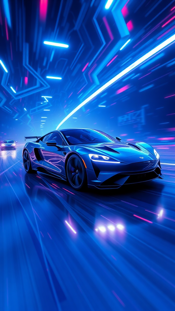 Please render the electric car racing in cyberspace in a realistic 3D manner. Make the background cyber-like and express it with a sense of speed with the "electric sparks". Make the overall color dark blue and draw it with a neon sign feel.