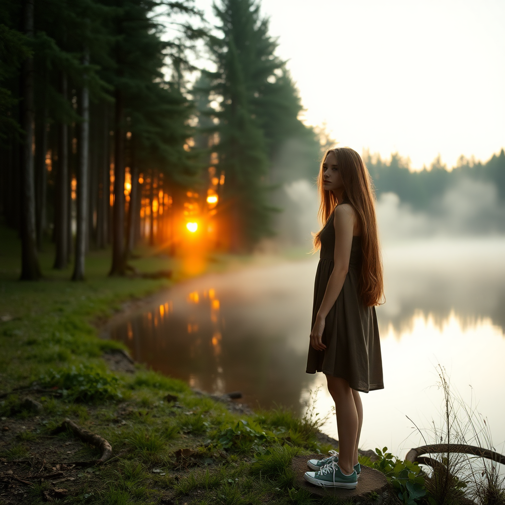 a young woman standing next to a lake in a forest. long brunette hair. she is wearing a dress and sneakers. she is looking around anxiously. the sinking sun is falling through the trees. a little fog is rising from the lake. light like in fairy tale, a bit mystic. photo