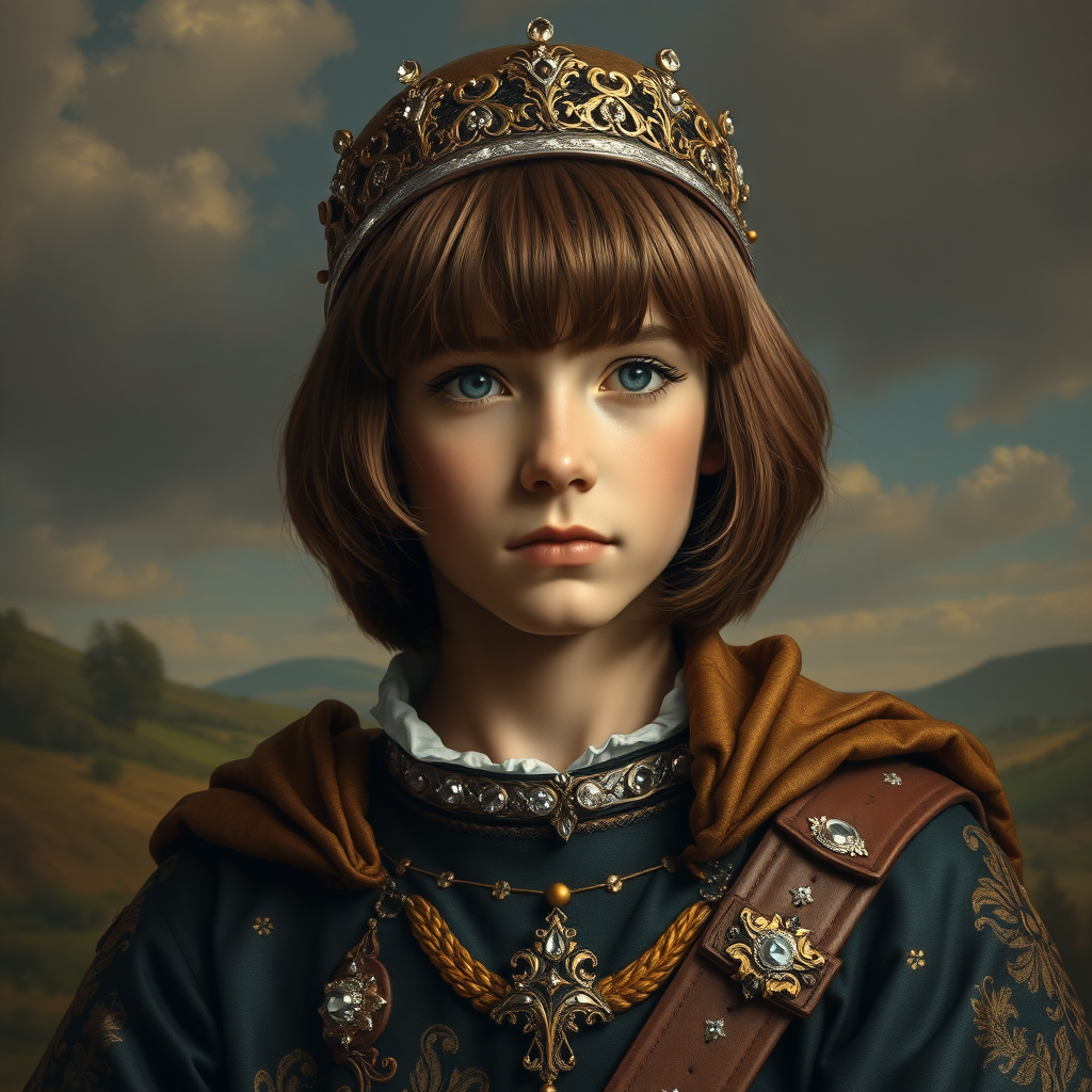 16yo teen boy prince, long bob cut, embroidered with gold and diamonds medieval cloths, diamond diadem, and Beautiful War. Free style by FLUX photorealistic. The background is in the style of landscape style by Antonio del Polaiolo, Generating the minisignature at the bottom: Viva FLUX and Germany!, ultra high resolution, 16K,