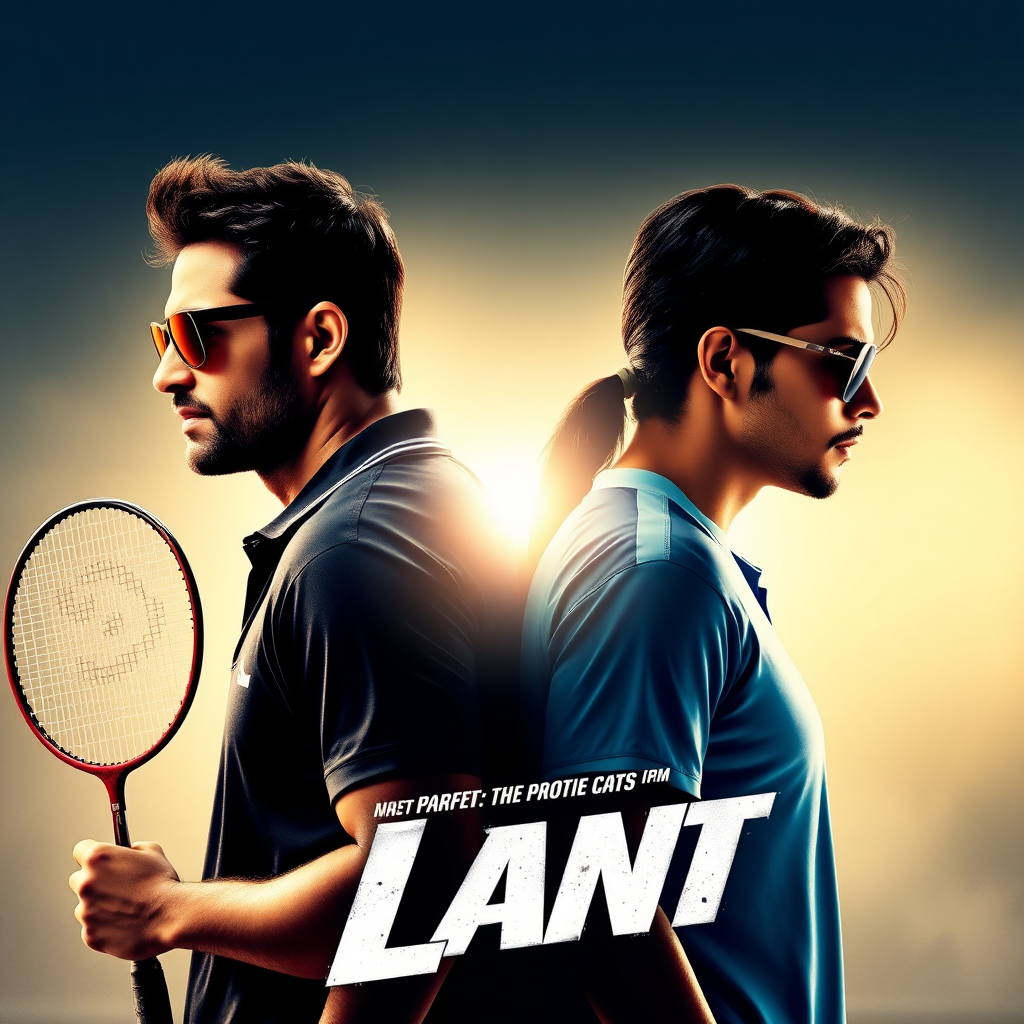 A man and a woman back to back, both wearing sunglasses, both holding badminton racquets, sports, epic movie poster, perfect, masterpiece, dramatic, bollywood.