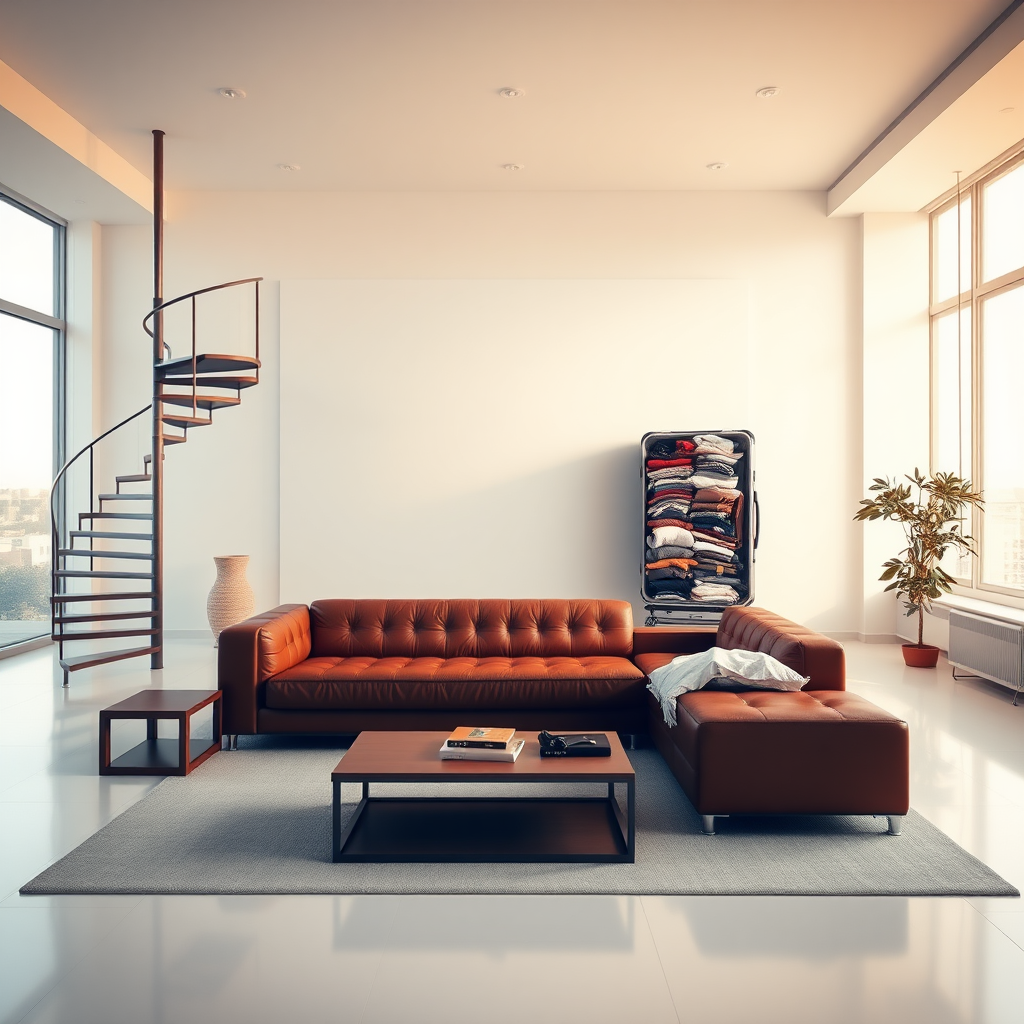 Commercial shooting, surreal indoor landscape, generate a photograph of luggage, the scene is a spacious apartment living room, the entire tone is warm white, the windows are floor-to-ceiling, natural light pours in from the outside, in the center of the living room stands a leather sofa and coffee table, on the left is a spiral staircase, the sofa is positioned in the center of the living room, the opening of the sofa faces a large blank wall in the distance where there is an oversized, open standing luggage, the standing and open luggage contains many stacked clothes, tags: 8k, realism.