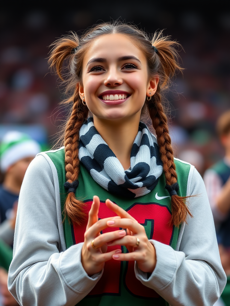 Attractive female NFL fan, pigtail hair, cheering