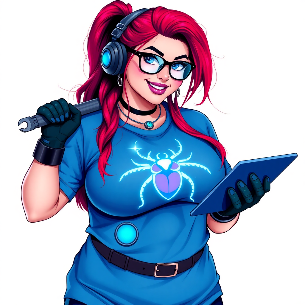 A full-sized, intelligent and tech-savvy 28-year-old computer hacker and tech genius. She has a long ruby red ponytail. She wears maximum blue lipstick, blue eyes, a sapphire beetle gemstone necklace, sapphire earrings, black eyeglasses, hi-tech power gloves, and a gigantic oversized maximum blue t-shirt featuring a neon blue glowing beetle chest icon. She has a full-figured physique with a gargantuan, round midsection, reflecting her well-cared-for lifestyle. She sports a sapphire headset with a hi-tech maximum turquoise lensed HUD, and a beaming smile accentuated by a passionate neon red blush. She serves as his tech expert from his hideout, holds a futuristic tool wrench and a futuristic digital tablet. The background is solid white. She is drawn as if she was in a retro 2D cyberpunk fighting game.