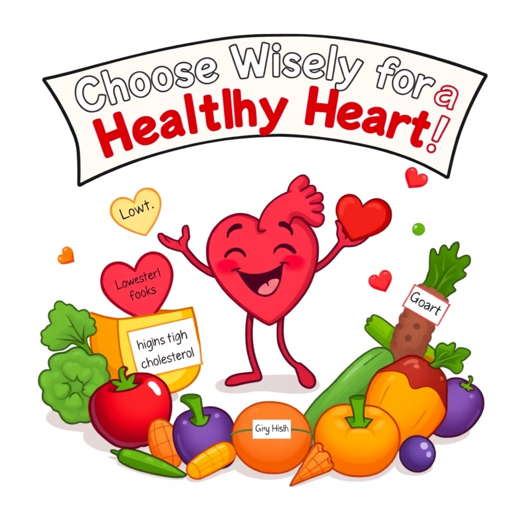 An imaginative scene of a cartoon heart happily interacting with various foods, some labeled "low cholesterol" and others "high cholesterol," surrounded by vibrant fruits and vegetables, with a banner overhead reading, "Choose Wisely for a Healthy Heart!"