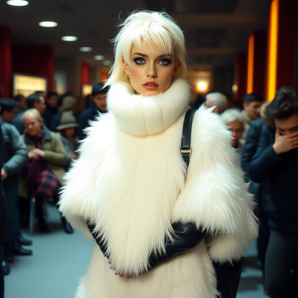 1990 winter evening, crowded cinema lobby: Sam, 19 years old beautiful involuntary femboy, rebellious intractable character, petite boyish figure, platinum blond boyish rebel punk hairstyle, flawless heavily made-up face with sharp arched tattooed eyebrows, wearing Supertanya-style fluffy very fuzzy bright white angora long turtleneck-poncho fully covering body and arms, black leather high-heeled thigh-high boots, gold earrings, puzzled alarmed, pout serious, impatiently waiting for her master. Full view, focus on Sam’s face and turtleneck-poncho.