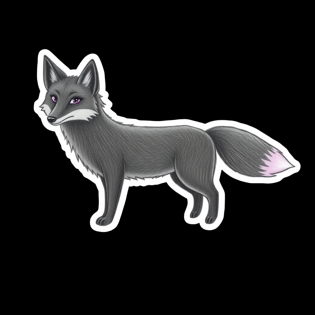 A sticker of a pencil hand drawn black fox with purple eyes and tail tip. Simple black background