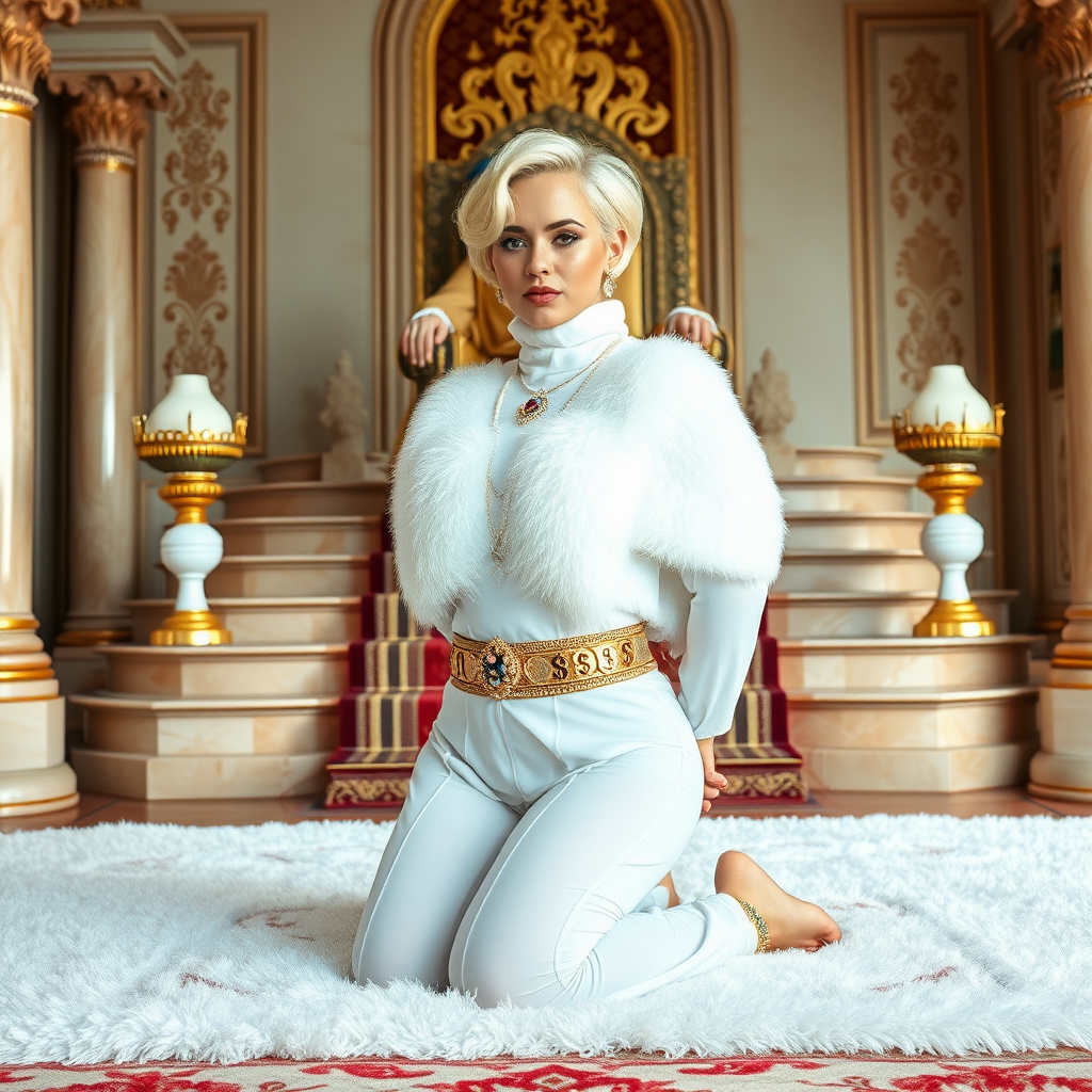 Kuwait desert palace throne room, throne raised on stair head, old overweight mighty sheik sitting on throne. In front of stairs, kneeling on white fluffy carpet: Melissa, European 17 years old very convincing femboy “trophy-bimbo”, tamed servile docile, rather short, by hormones very curvaceous womanly figured, platinum blond short tight curls, heavily made-up eyes, wearing Supertanya-style fluffy very fuzzy bright white angora turtleneck-poncho cropped ending under bust decorated with pearls and gemstones, striking oriental wide gold bridal protection belt, white fully transparent harem pants, full Oriental bridal jewelry, white sheer full Burka, coin anklets, striking diamond “$$$” letter brooch on left chest, pout frustrated, hands tied behind back, looking at camera. Full view, side perspective.