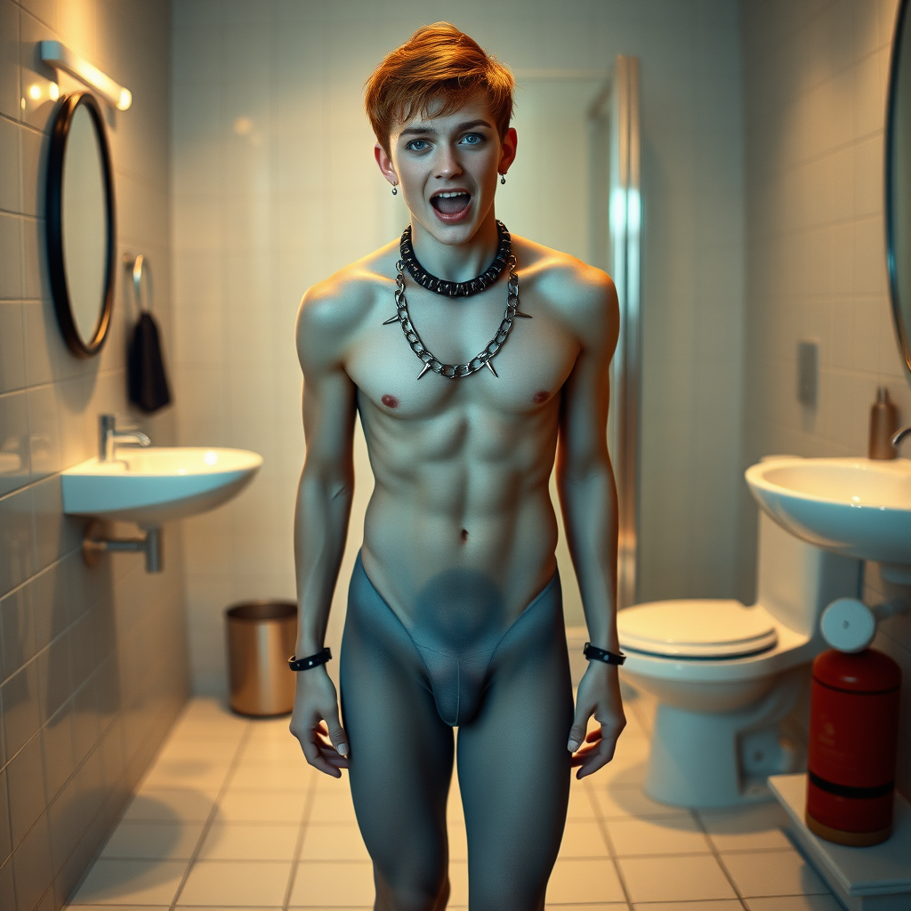 photorealistic, ultra high resolution, 16K, surreal fantasy, soft studio lighting, Caleb Swift is a pretty 16 year old goth male , slim male physique, auburn hair, blue eyes,  goth makeup,  earrings,  grey pantyhose body suit, spikey neck collar with chain,  standing on the floor of the bathroom , excited mouth, bulging crotch, full body front view of Caleb facing the camera.