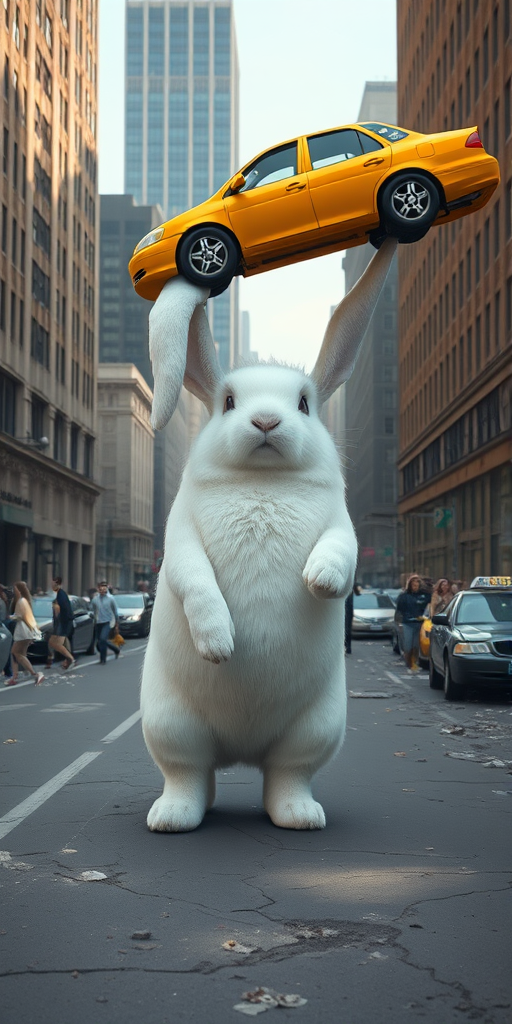 A hyper-realistic, surreal image of a gigantic white rabbit standing in the middle of a city street, holding a yellow taxi cab above its head with ease. The rabbit is soft and fluffy, with fine details in its fur and a calm expression, contrasting the chaos around it. The city scene features tall buildings, shattered cars, debris, and cracks in the road as if a massive event has just occurred. People in the background are reacting with shock, some running while others are frozen in disbelief. The lighting is natural, with daylight illuminating the scene, casting realistic shadows from the buildings and the rabbit. The taxi's details, such as its wheels and windows, are sharply defined. The overall tone is both whimsical and chaotic, blending realism with fantasy. Ultra-detailed, trending on ArtStation, hyper-realism, with cinematic lighting and dynamic action.