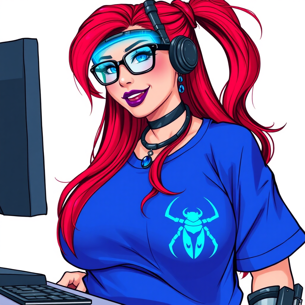 A cyberpunk vigilante’s full-figured intelligent and tech-savvy 29-year-old girlfriend, who is a computer hacker and tech genius. She has a long ruby red ponytail and bright blue eyes. She wears maximum blue lipstick, a sapphire beetle gemstone necklace, sapphire earrings, black eyeglasses, hi-tech metal arm armor, and an oversized maximum blue t-shirt featuring a neon blue glowing icon of a scarab beetle on its chest. She has a full-figured physique with a giant, round midsection, reflecting her well-cared-for lifestyle. She sports a sapphire headset with a hi-tech maximum turquoise lensed HUD, and a beaming smile with a passionate bright red blush. Despite her figure and a lack of self-esteem, she radiates beauty. She has a slim face which contributes to her radiant beauty. She serves as his tech expert from his hideout, diligently working at her lab table and computer desk. The background is solid white. She is drawn as if she was in a retro 2D cyberpunk fighting game.