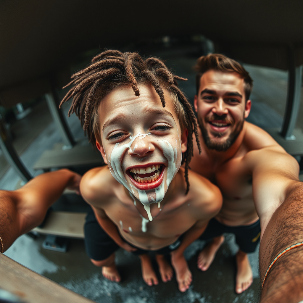 aerial selfie, selfie stick, confident athletic half dressed little 12-year-old boy with adorable hair and freckles licking with his dads, the boy is splattered with runny clear white mucous covering his face and drooling from his little mouth and dreadlocks and toes, he has braces, no clothes, his dad looks like his mind is blown by his little son, dads have hairy legs and barefoot, dark rainy rest stop picnic shelter