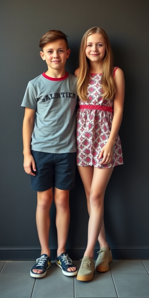 A realistic photo of a 14yo teen boy and girl. British. Long legs. Full length view.