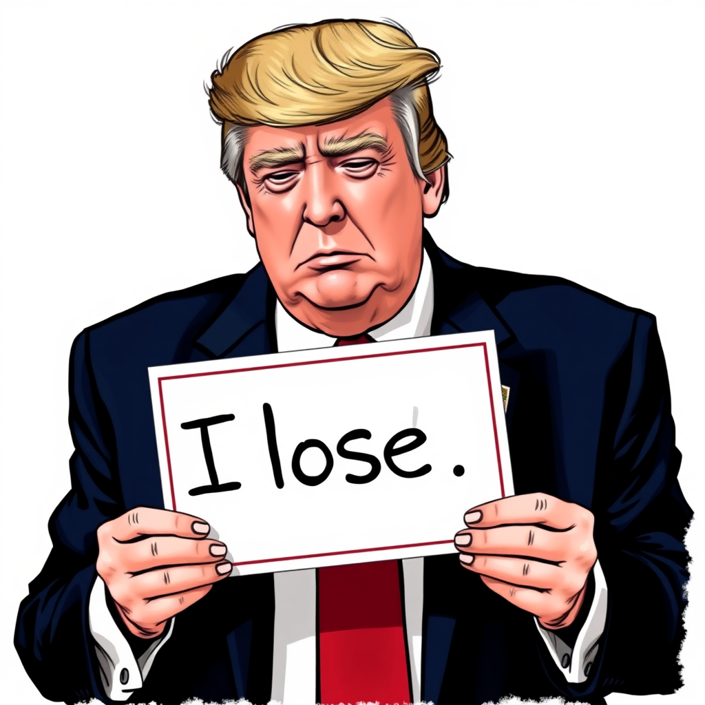 Crying Donald Trump holding a sign saying "I lost"