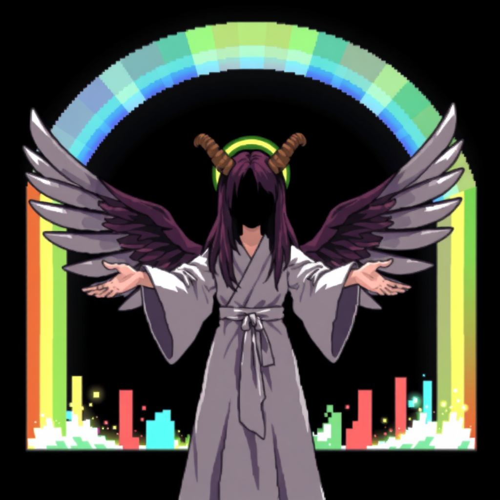 (Anime Style Pixel Art) Black background of a colorful/rainbow like barrier, 2 goat horns, a powerful godly faceless goddess woman, 4 large angel wings on back, white robes, holding hands out.