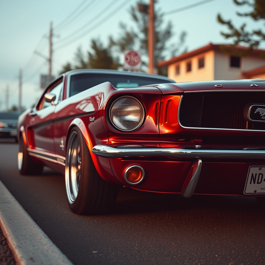 the car is parked on the side of the road, inspired by Taiyō Matsumoto, tumblr, restomod, nd4, c4 metallic shine classic american low rider ford mustang