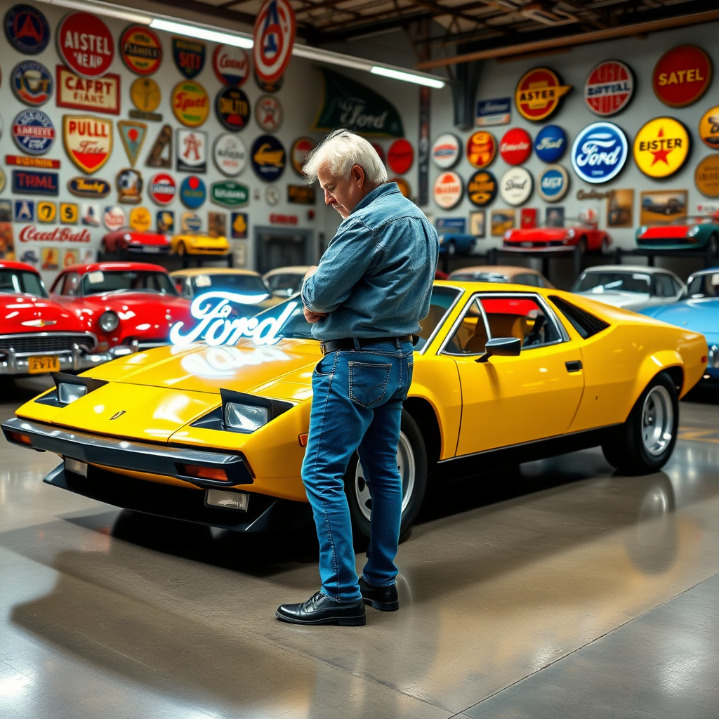 A man with white hair, wearing a long-sleeved denim shirt with the sleeves rolled up to his elbows, blue jeans, and black shoes. The man checks the oil in his yellow Lamborghini Mira in his large garage filled with many different cars. The walls of the garage have lots of vintage automobile advertising. The glow of a neon “Ford” sign can be seen on the polished concrete floor in front of the yellow Lamborghini.