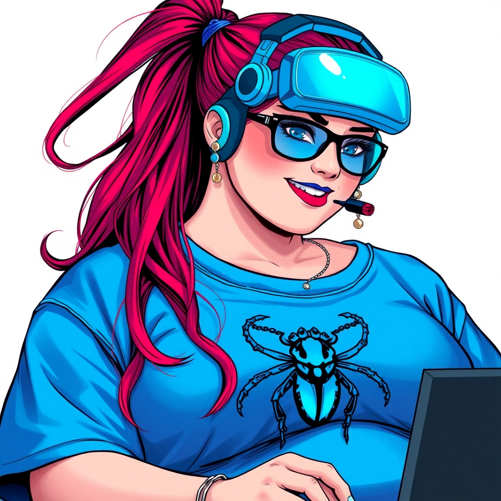 A cyberpunk vigilante’s full-figured intelligent and tech-savvy 28-year-old girlfriend, who is a computer hacker and tech genius. She has a long ruby red ponytail. She wears maximum blue lipstick, bright blue eyes, a sapphire beetle gemstone necklace, sapphire earrings, black eyeglasses, and an oversized maximum blue t-shirt featuring a blue sapphire gemstone crusted beetle chest icon. She has a full-figured physique with a prominent, massive, round belly, reflecting her well-cared-for lifestyle. She sports a sapphire headset with a hi-tech maximum turquoise lensed HUD, and a shy smile with a neon red blush. She serves as his tech expert from his hideout, diligently working at her lab table computer desk. The background is solid white. She is drawn as if she was in a retro 2D cyberpunk fighting game. Ensure her t-shirt covers her belly.