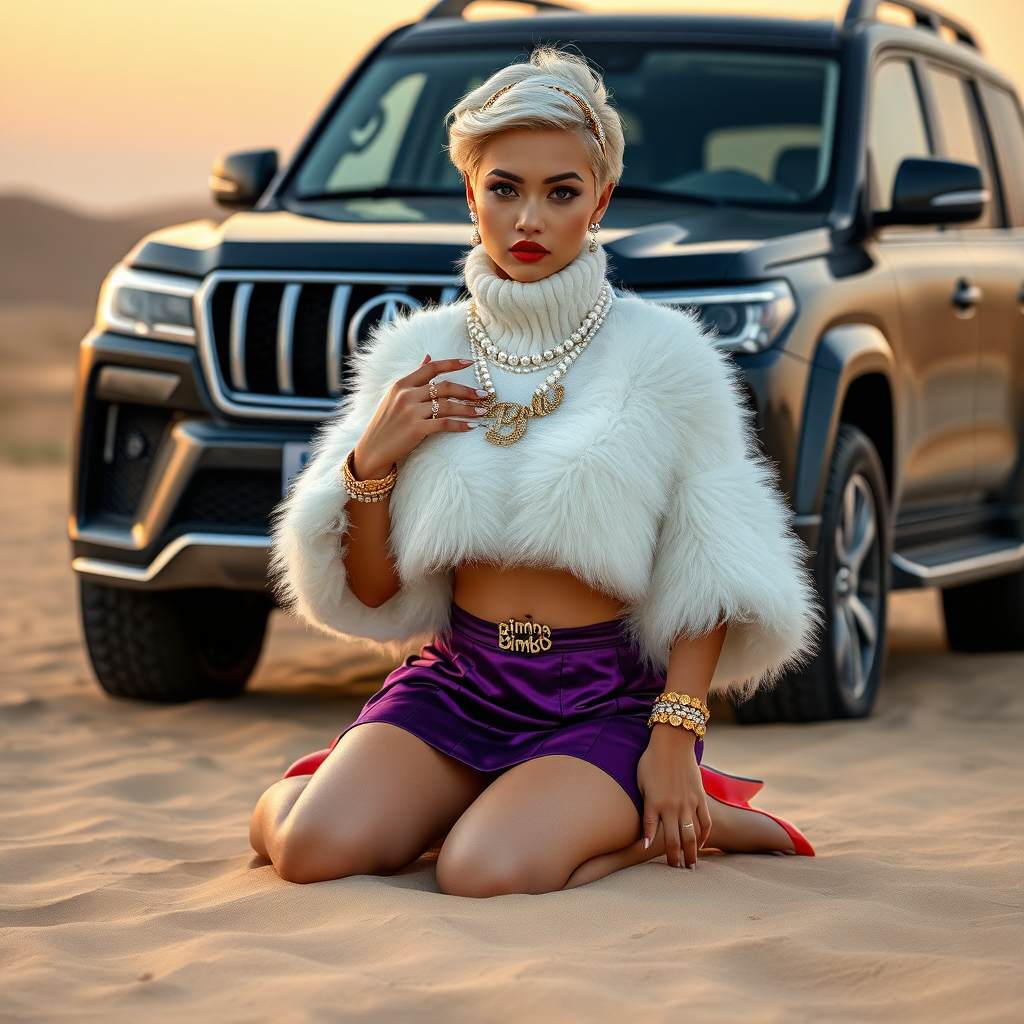 Kuwait desert dunes misty dawn, full size luxury SUV: Melissa, European 17 years old very convincing femboy “trophy-bimbo”, tamed servile docile, very beautiful feminine flawless face, rather short, by hormones very curvaceous womanly figured, platinum blond short tight curls, bold red lips, long white French nails, heavily made-up face, wearing Supertanya-style fluffy very fuzzy bright white angora turtleneck-poncho cropped ending under bust decorated with pearls and glass stones, very tight purple vinyl mini pleated skirt, bright red pumps with golden very high heels, white pearl belly piercing, full Oriental bridal jewelry including headpiece, nose-ring, coin wristlets, coin anklets, striking diamond “Bimbo” letter brooch on left chest, thick heavy pearl wristlets, pearl anklets, pout frustrated, kneeling in sand in front of SUV, looking at camera. Focus on face and turtleneck-poncho.