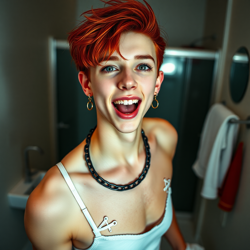 photorealistic, ultra high resolution, 16K, surreal fantasy, studio lighting, a pretty 16 year old goth boy, slim male physique, red hair, goth makeup, earrings, spikey chain and leash, handcuffs, trainer-bra, pantyhose, white ballet shoes, in the bathroom, excited open mouth smile, facing the camera,