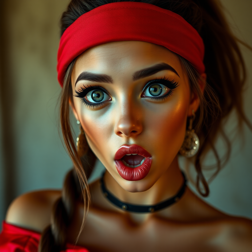 surprised Arabian girl with mouth open. She has very large eyes, black eyeshadow, black eyeliner, fake eyelashes, very tanned skin, very long hair. very high ponytail, red off shoulder shinny crop top. photo realistic