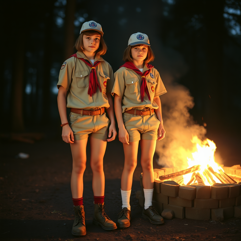 two tall 14yo teen boys, long bob cut, wearing American boy scout uniform with uniform matching very tight booty shorts, tube socks, shoes, cap, long legs, narrow thighs. a campfire. full-length view. 1980s. photorealistic, ultra high resolution, 16K, Negative: grainy, blurry, bad anatomy, extra limbs, watermark.