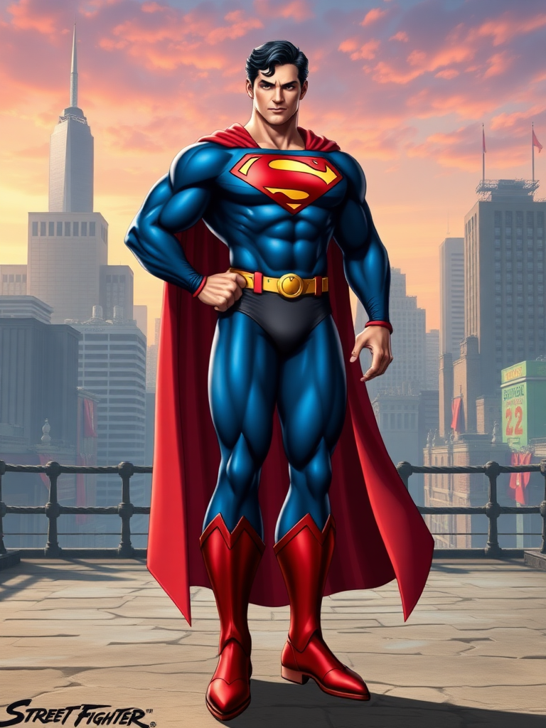 Generate a full-length character image of Superman, with the distinct body features of Street Fighter's R. Mika. Retain Superman's iconic costume but embellish it with elements from R. Mika's outfit. Superman should have the same muscular and curvaceous physique as R. Mika, including her strong legs, broad shoulders, and toned waist. His facial features should remain intact, excluding R. Mika's hair. For the background, create an amalgamation of Metropolis and a Street Fighter battleground to reflect their respective settings. Ensure the character's body traits are highlighted perfectly.