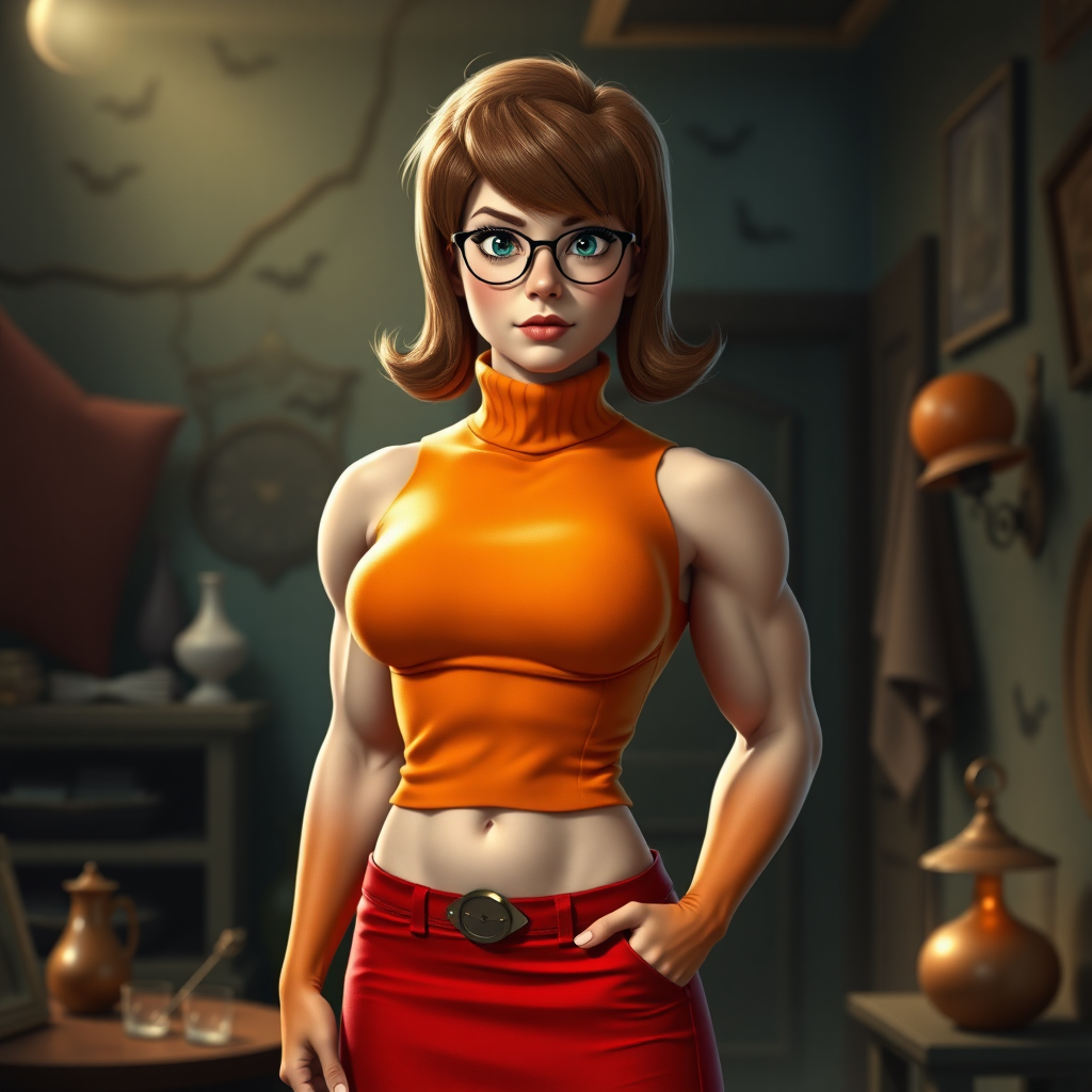 Create a hyper-realistic full-length image of a hybrid character: Velma Dinkley as a male bodybuilder. Maintain her head and signature hairstyle while adapting her iconic orange turtleneck and red skirt to fit the new muscular proportions. The background should draw inspiration from the original setting of Mystery Inc., featuring a spooky yet playful vibe, with hints of mysteries like shadows and eerie objects. Emphasize muscular detail in the body while capturing Velma's essence through her facial features and clothing style.