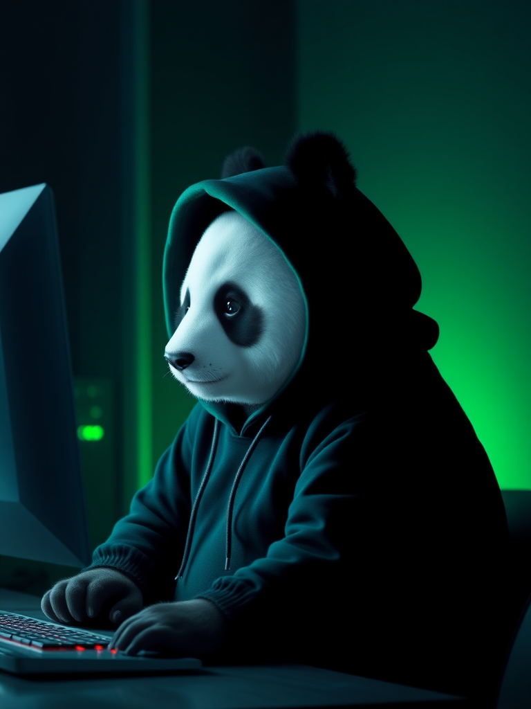 A panda bear sitting in front of a computer wearing a black hoodie. Green light emanating from the computer screen.