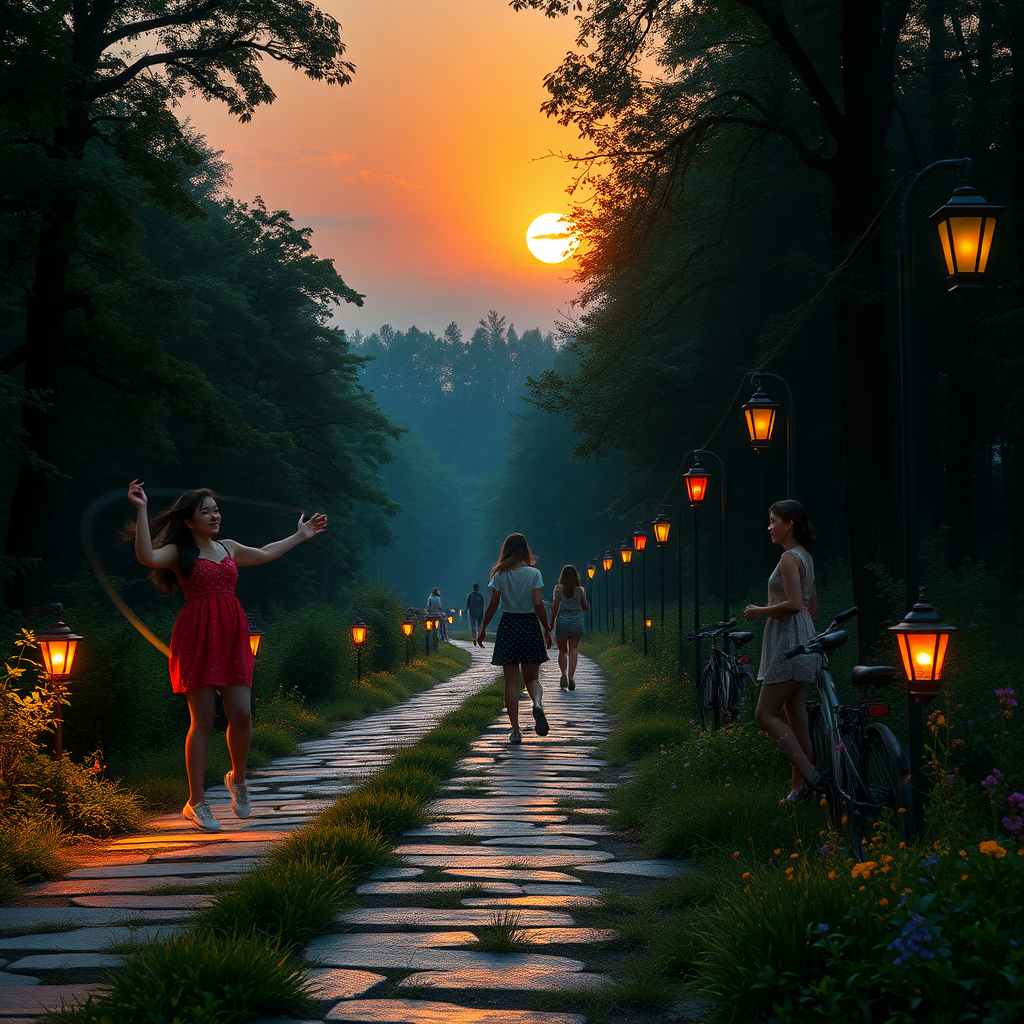 Midsummer. It is a hot late summer evening. The sun has already set. Three young, pretty Asian women are playing jump rope. Two other modern Asian women are playing badminton. Two more young Asian women are chatting by the roadside. A roughly 500-meter long, uneven, and 2-meter wide bike and pedestrian path runs along the edge of the forest, overgrown for about 50 meters with large trees, featuring strikingly colorful and differently sized paving stones. Uniformly placed on both sides of the path, about every three meters, there are approximately 1-meter tall lanterns, designed in the style of the 1950s, each in different colors, effectively and vividly illuminating the path. Colorful herbs and small wildflowers bloom on both sides of the way. A portion of the sky is visible. Like in a fantasy picture, there are a few veil-like clouds that still glow in pastel colors from the now set sun. The scene is bathed in warm yellow light. The threatening atmosphere is mystical, eerie, and surreal. Mist has formed in the background. The weeds have been growing for two months. Note. The Asian women are a very important aspect of the image generation. They are meant to reassure the viewer. With the many Asian women, the viewer does not feel alone and feels safe. The Asian women make themselves known and look at the viewer friendly. The Asian women are to be generated as real and human.