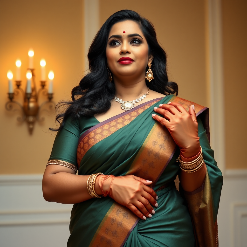 Pov: Curvy mature Indian woman wearing a saree dress, long satin gloves, low-angle