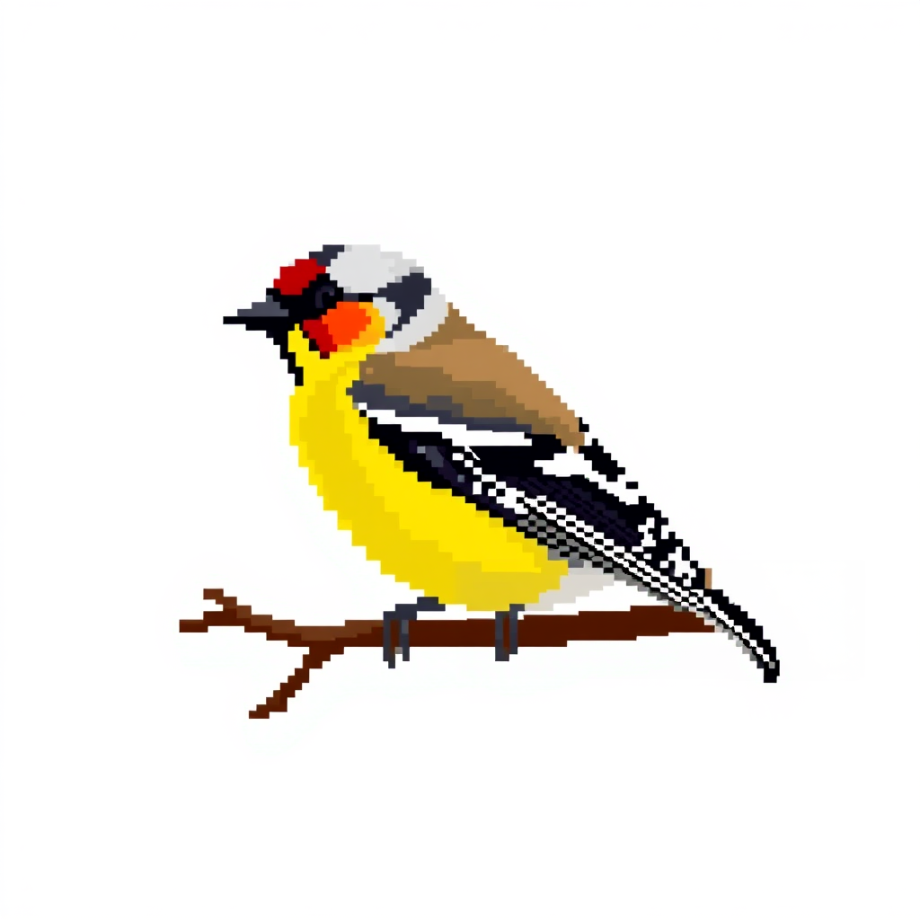 Pixel art of a goldfinch against white background