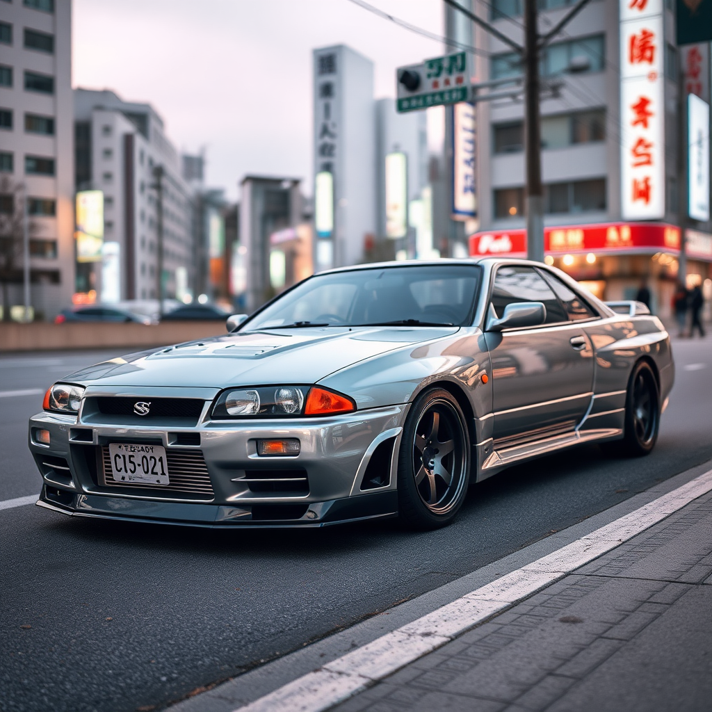 The car is parked on the side of the road, inspired by Taiyō Matsumoto, tumblr, restomod, nd4, c4 metallic shine nissan skyline r34 tokyo gece arkaplan