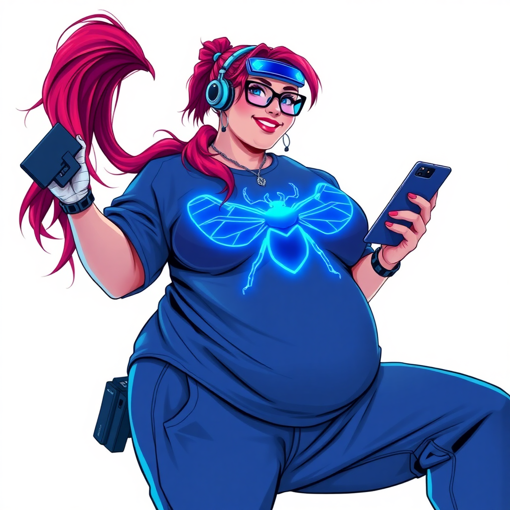 A cyberpunk vigilante’s full-figured intelligent and tech-savvy 29-year-old girlfriend, who is a computer hacker and tech genius. She has a long ruby red ponytail and bright blue eyes. She wears a sapphire beetle gemstone necklace, an oversized Maximum Blue (RGB 71, 171, 204) t-shirt featuring a giant glowing neon blue chest icon of a winged beetle, and matching Maximum Blue sweatpants. She has a full-figured physique with an enormous, well-rounded midsection, reflecting her well-cared-for lifestyle. She sports a sapphire headset with a hi-tech Maximum Blue (RGB 71, 171, 204) lensed HUD visor, Maximum Blue (RGB 71, 171, 204) lipstick, black eyeglasses, and a beaming smile with a passionate bright red blush. Despite her figure and a lack of self-esteem, she radiates an air of beauty. She has an angular face which contributes to her radiant beauty. She serves as his tech expert from his hideout, holding a holographic tablet and a hi-tech tool wrench. The background is solid white. She is drawn as if she was in a retro 2D cyberpunk fighting game. Make sure her outfit covers all her bare skin (especially her enormous midsection).