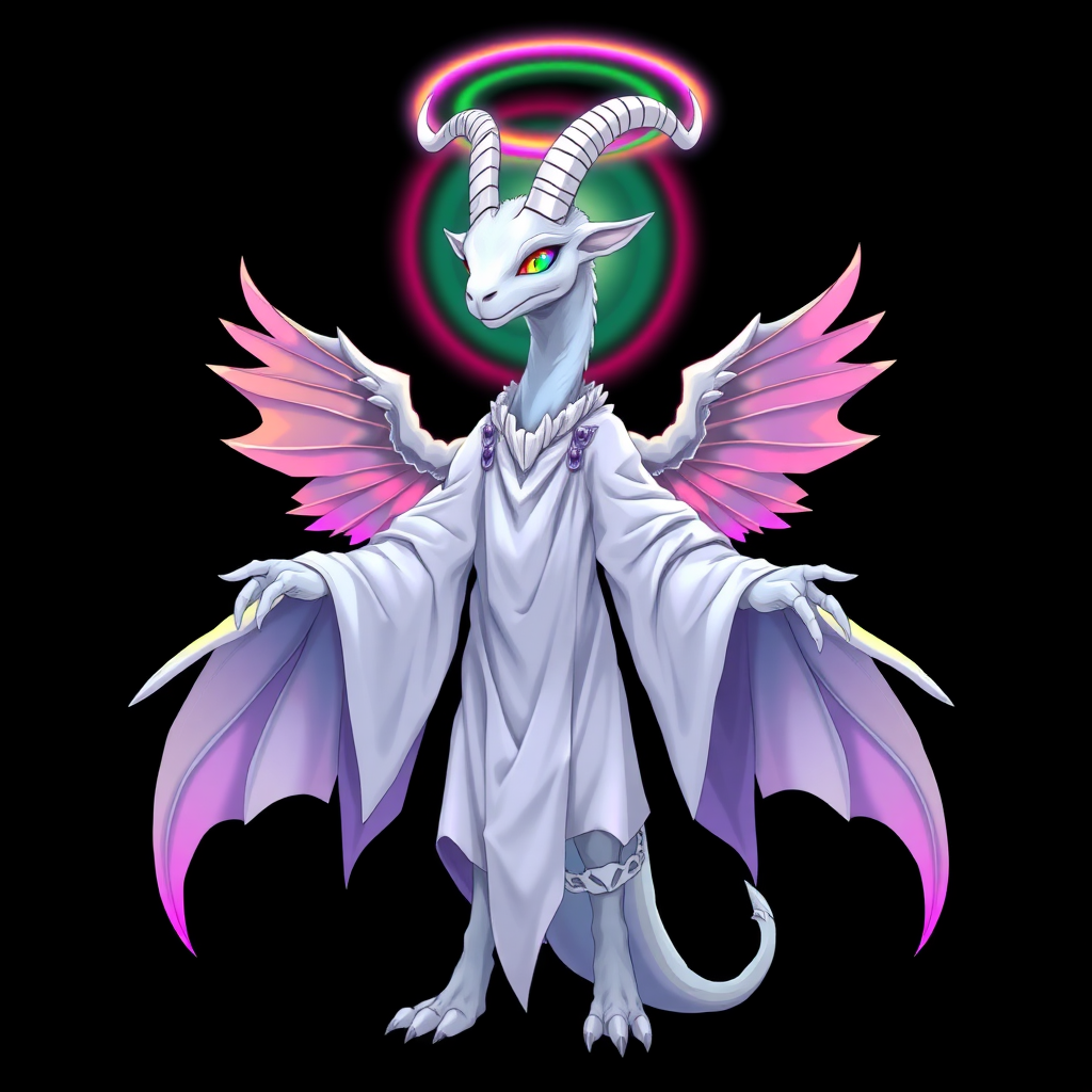 (Anime Styled Art) Against a deep black background, a tall, white reptilian humanoid resembling a goat stands gracefully. Its striking rainbow eyes glimmer with intensity, complemented by two elegant white horns that curve upwards. Clad in flowing white-black robes, the figure is enveloped in a chaotic rainbow aura that radiates vibrantly around its entire body. With arms extended outward, it showcases three large ethereal angel wings that add an air of divine mystique.