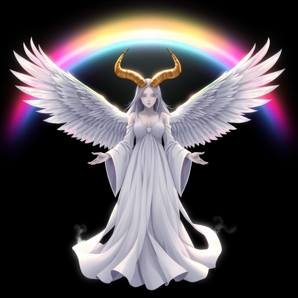 (Anime-styled art) Set against a pitch-black backdrop, a radiant, shimmering barrier glows in a vibrant spectrum of rainbow-like colors. At its core stands a powerful, godlike woman—completely faceless, lacking eyes, mouth, or lips—her presence both angelic and deeply unsettling. Her skin is a pale, pure-silver white, exuding an otherworldly sheen. From her head curve two golden, goat-like horns, adding to her eerie and divine aura. Four massive angelic wings spread from her back, their soft glow illuminating the darkness around her. She is draped in flowing white robes, rippling with divine energy, her outstretched hands channeling a mysterious, otherworldly force. Her ethereal form strikes a perfect balance between beauty and dread, captivating and terrifying all at once.