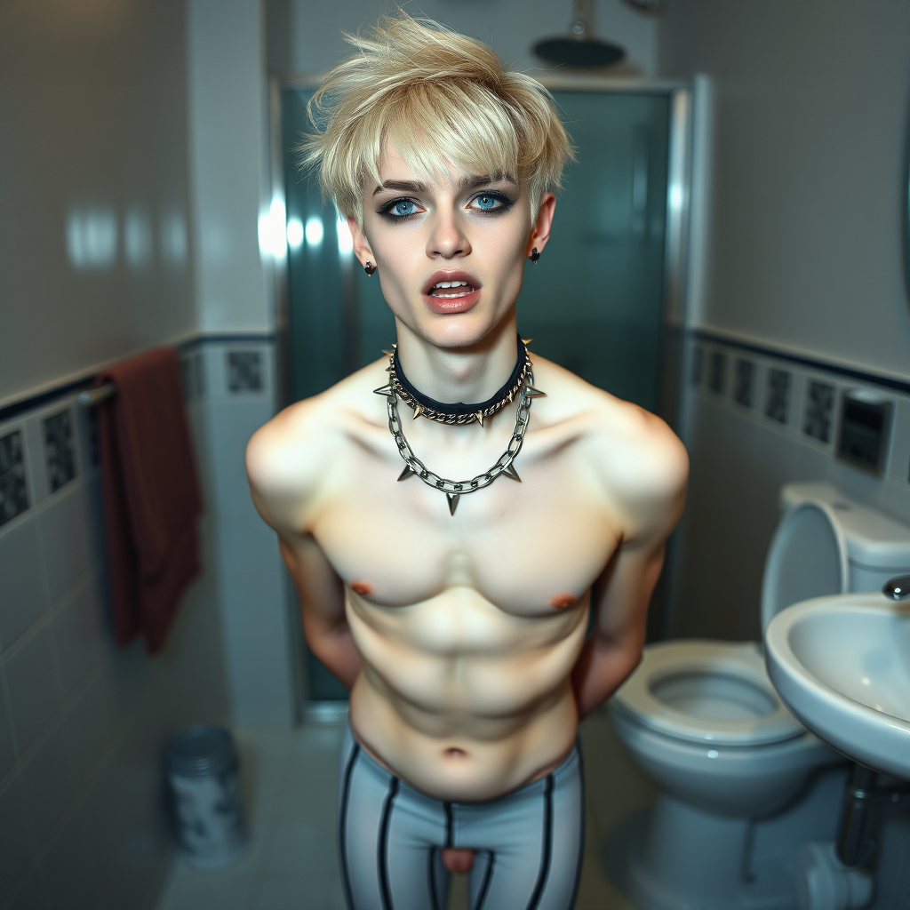 photorealistic, ultra high resolution, 16K, surreal fantasy, soft studio lighting, Caleb Swift is a pretty 16 year old goth male, slim male physique, blonde hair, blue eyes, goth makeup, earrings, white & black vertically striped pantyhose, spikey neck collar with chain, standing on the floor of the bathroom, excited mouth, bulging crotch, full body front view of Caleb facing the camera.