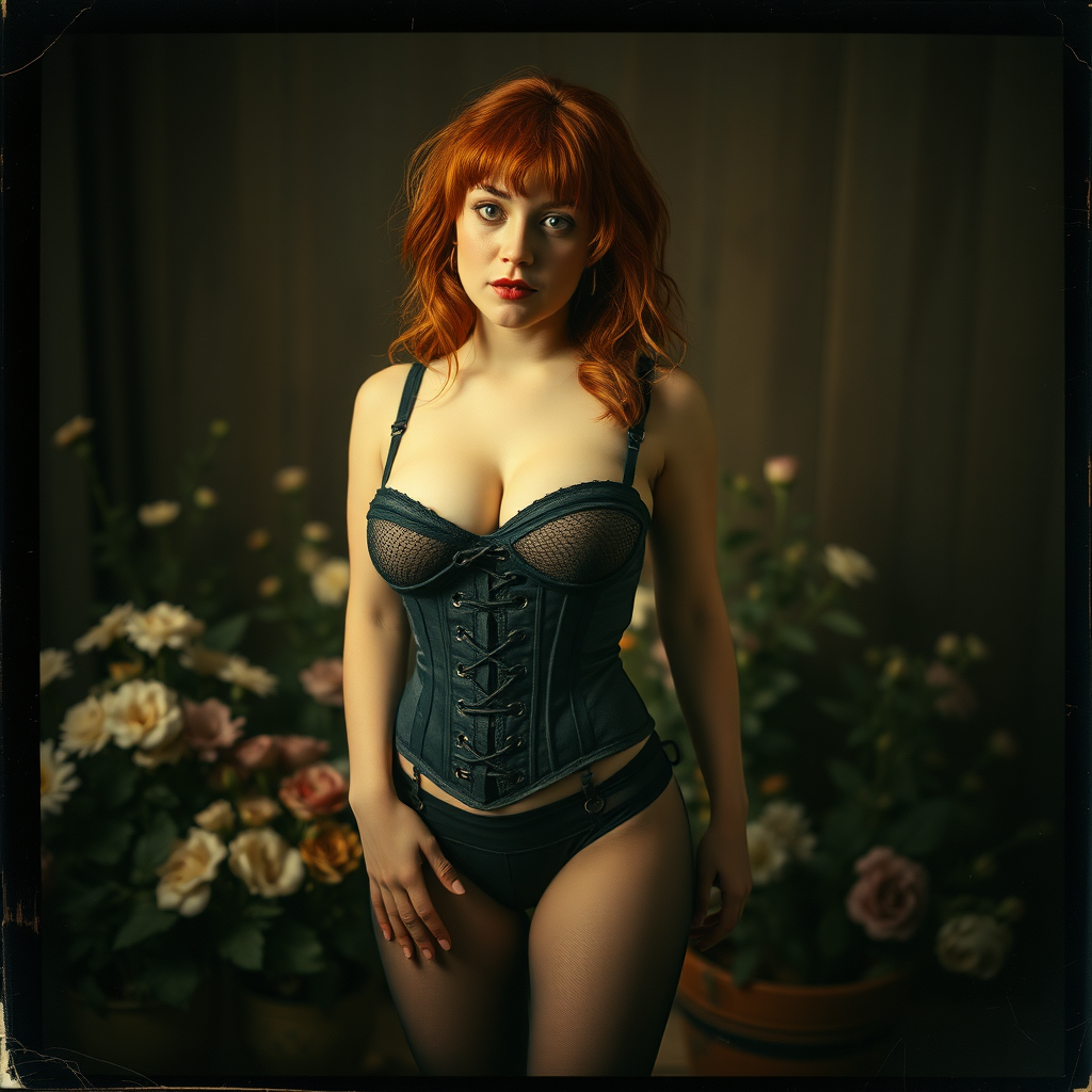 old polaroid photo with heavy dark vignetting and color ting and light leak and visible wear and cracking depicting a sexy curvy alt goth girl with red hair wearing a cupless underbust corset and mesh bra barely covering nipples and black stockings with thong panties standing in a photography studio filled with flowers