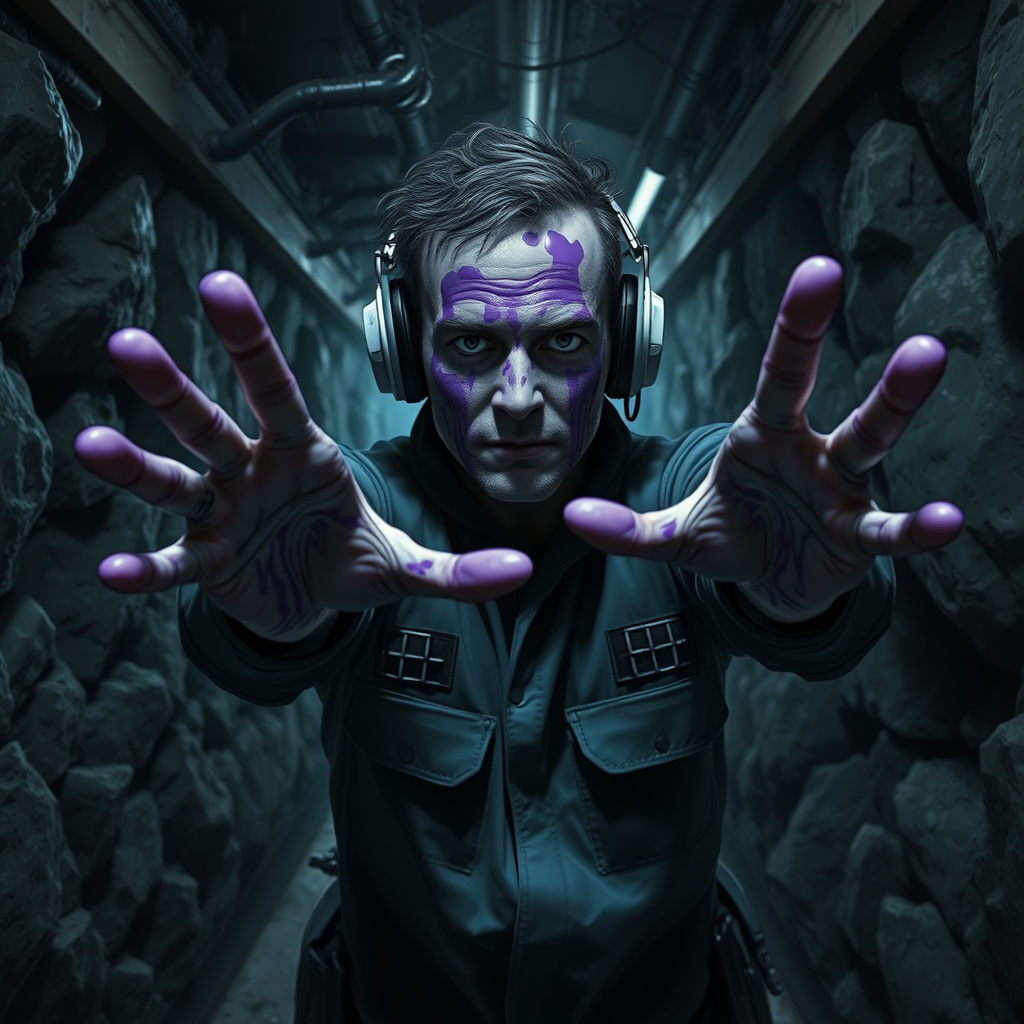 Cinematic sci-fi horror digital painting. Crew member approaching the viewer with arms reaching out. Purple goo smears on face and hands. Dark rocky industrialized corridor.