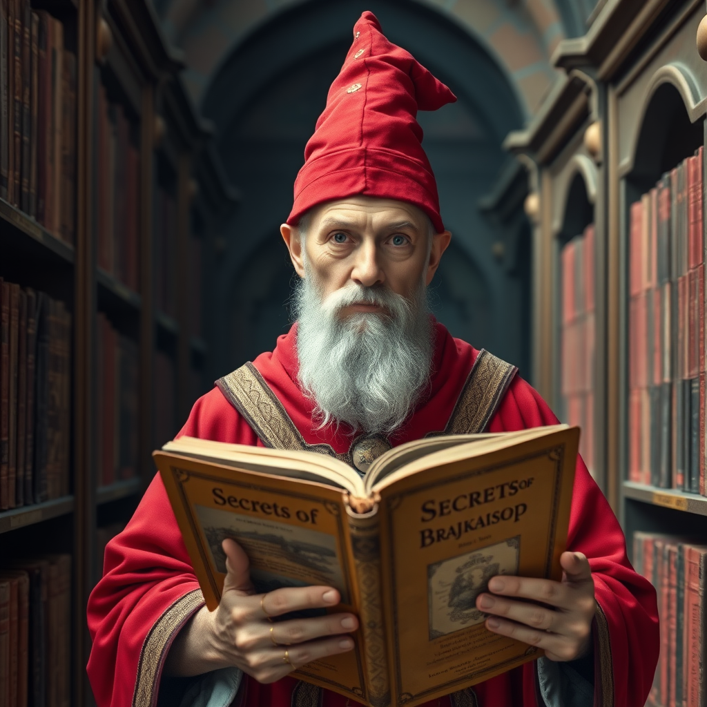 An old male wizard looking at camera in a red pointed hat and red robes with gold trim walking through a library while reading from an old book titled "Secrets of Brajkaisop."