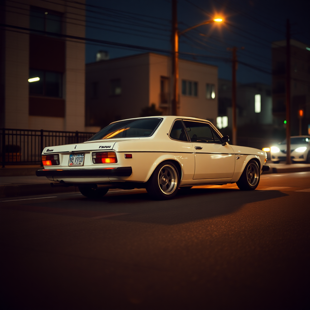 the car is parked on the side of the road, inspired by Taiyō Matsumoto, tumblr, restomod, nd4, c4 a white car is driving down the street, a picture, unsplash, shin hanga, 70's, looking regal and classic, fuji lut, poorly lit, mazoku, devils, lada, lowres, iso 500, backlighted, foam, vehicle photography, frank fanzzeta, 1 2 k, japanese, single light, basic, italian masterpiece